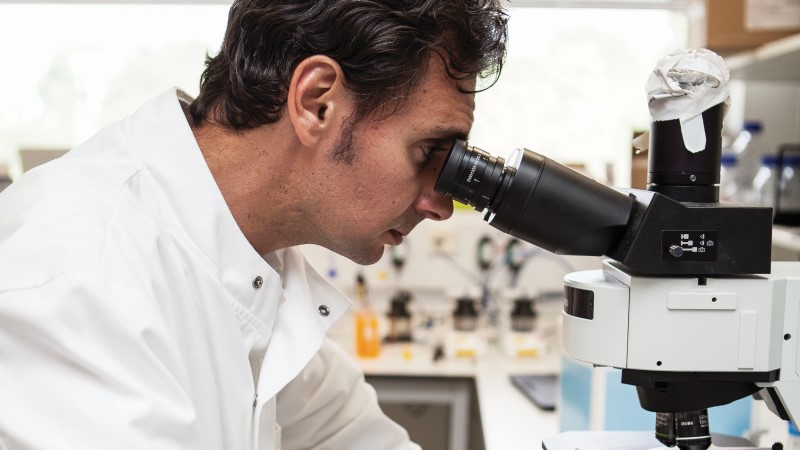 Photo of male researcher looking down a microscope in a lab