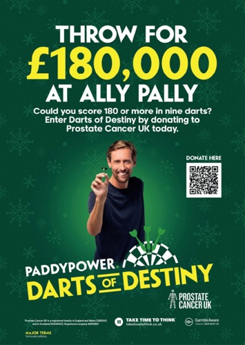 Footballer Peter Crouch holding a dart, with the text 'Throw for £180,000 at Ally Pally. Could you score 180 or more in nine darts? Enter Darts of Destiny by donating to Prostate Cancer UK today."