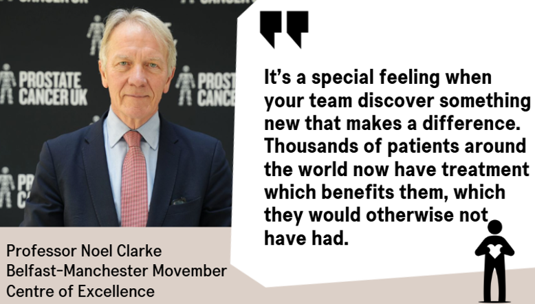 A quote from Professor Noel Clarke, saying "It's a special feeling when your tea discover something new that makes a difference. Thousands of patients around the world now have treatment which benefits them, which they would otherwise not have had."