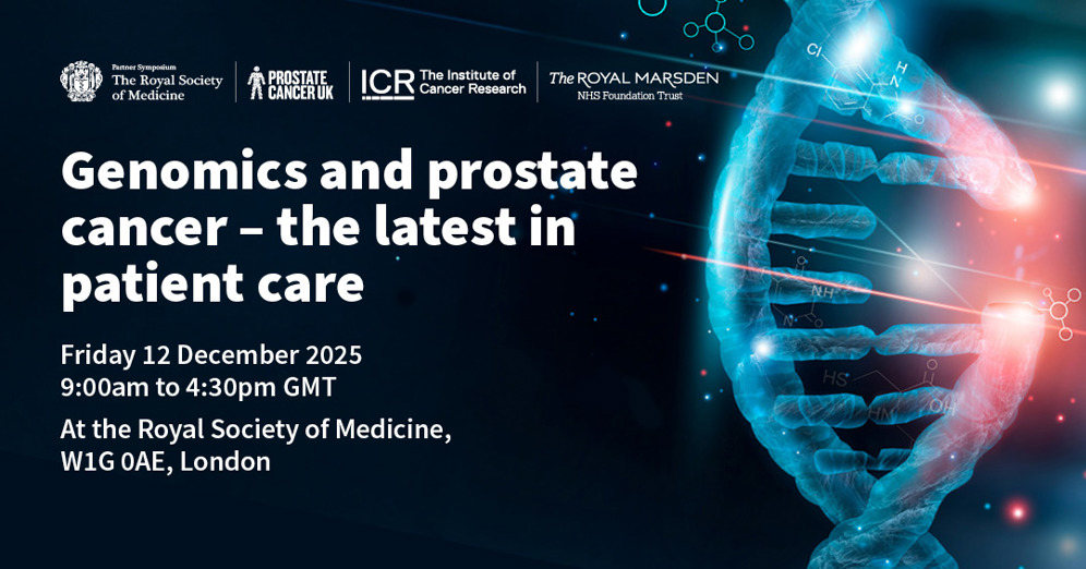 A dark blue image showing a DNA helix and the event name, date, time and location