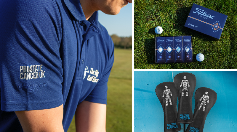 Prostate Cancer UK golf polo, golf balls, club covers