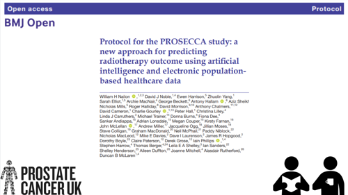 Graphic containing the title of the paper, the list of authors, and the journal. Prostate Cancer UK logo in the bottom left and two men icons in the bottom right, one reading a paper and one holding a mug.