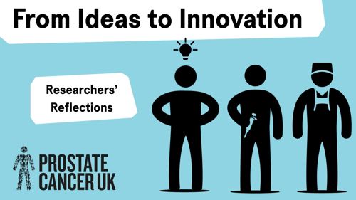 Graphic for the From Ideas to Innovation 2026 event. Has three men icons: man on the left has lightbulb above his head, man in the middle is holding a pipette, and the man on the left is wearing surgical clothing. Prostate Cancer UK logo in the bottom left.