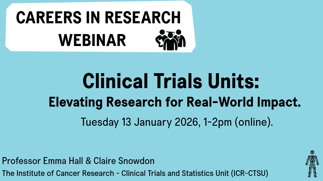 Blue background with the text 'Clinical Trials Units: Elevating Research for Real-World Impact. Tuesday 13 January 2026, 1-2pm (online). Professor Emma Hall & Claire Snowdon The Institute of Cancer Research - Clinical Trials and Statistics Unit (ICR-CTSU)