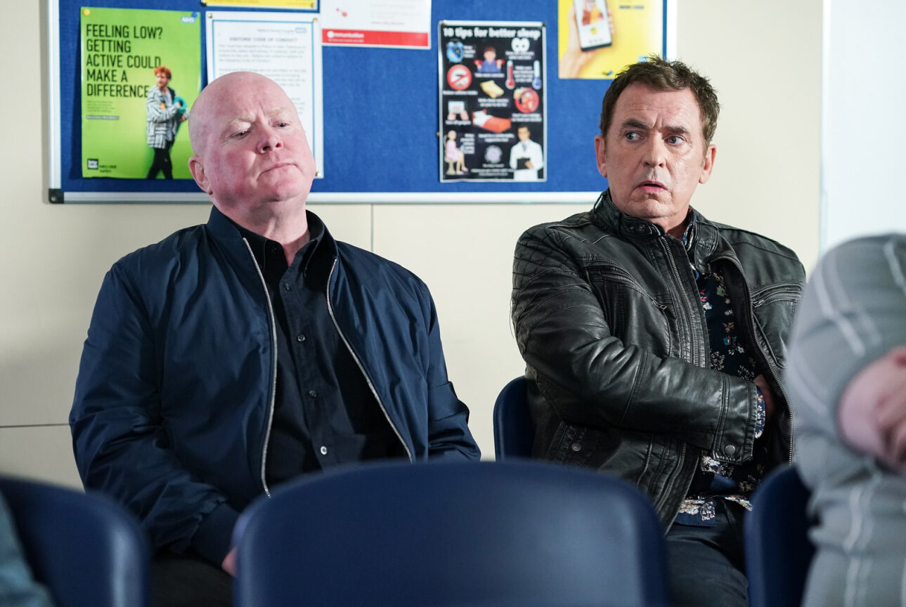 Phil Mitchell and Alfie Moon sit in a hospital waiting room on EastEnders