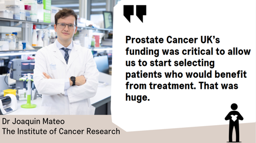 Graphic of this project. A photo of Dr Joaquin Mateo is on the left half of the image and on the right half there is a quote reading @Prostate Cancer UK's funding was critical to allow us to start selecting patients who would benefit from treatment. That was huge.'. There is a man logo in the bottom right holding heart symbol.