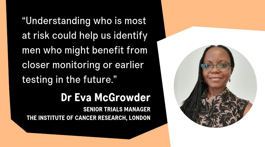 A photo of Dr Eva McGrowder and a quote reading "Understanding who is most at risk could help us identify men who might benefit from closer monitoring or earlier testing in the future."