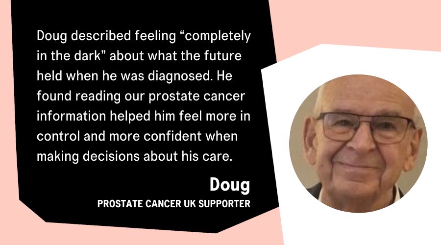 A graphic showing an image of Doug and text that reads, "Doug described feeling "completely in the dark" about what the future held when he was diagnosed. He found reading our prostate cancer information helped him feel more in control and more confident when making decisions about his care."