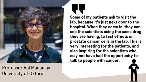 A quote from Professor Val Macaulay explaining how her patients visit the lab next to the hospital to see scientists testing the drugs used in their prostate cancer treatment on cancer cells.